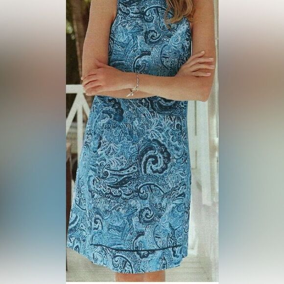 J. Jill Love Linen Dress Women Sz Large Petite Indigo Blue Paisley Waves A-line - Picture 2 of 11